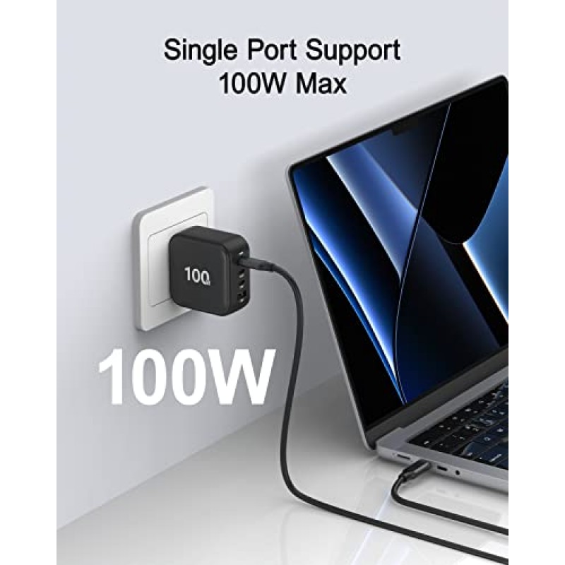 100W USB C 벽면 충전기, PD PPS 4포트 GaN 초고속 멀티포트 여행용 휴대용 충전기 블록 유형 C 충전 스테이션 MacBook Pro Air, iPhone 14, iPad용 전원 어댑터 Samsung Pixel Lenovo HP Dell