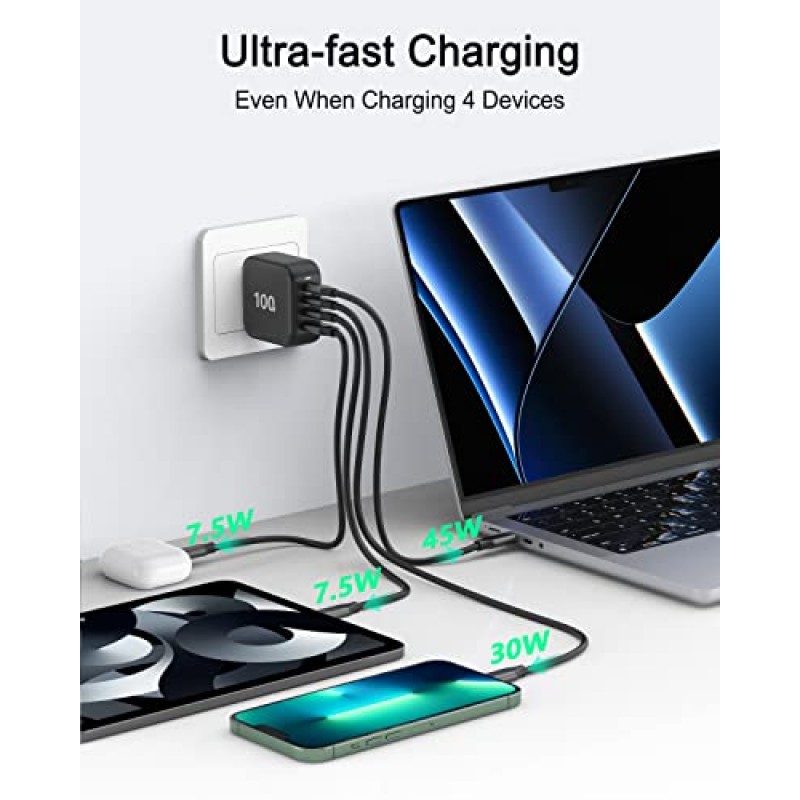 100W USB C 벽면 충전기, PD PPS 4포트 GaN 초고속 멀티포트 여행용 휴대용 충전기 블록 유형 C 충전 스테이션 MacBook Pro Air, iPhone 14, iPad용 전원 어댑터 Samsung Pixel Lenovo HP Dell