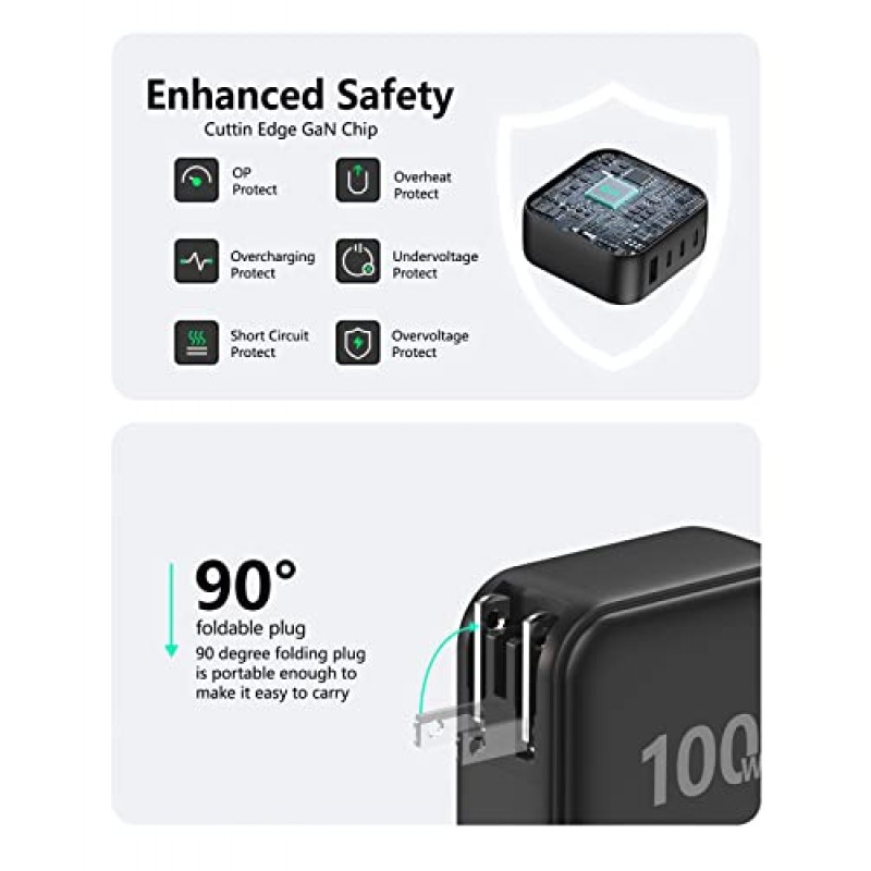 100W USB C 벽면 충전기, PD PPS 4포트 GaN 초고속 멀티포트 여행용 휴대용 충전기 블록 유형 C 충전 스테이션 MacBook Pro Air, iPhone 14, iPad용 전원 어댑터 Samsung Pixel Lenovo HP Dell