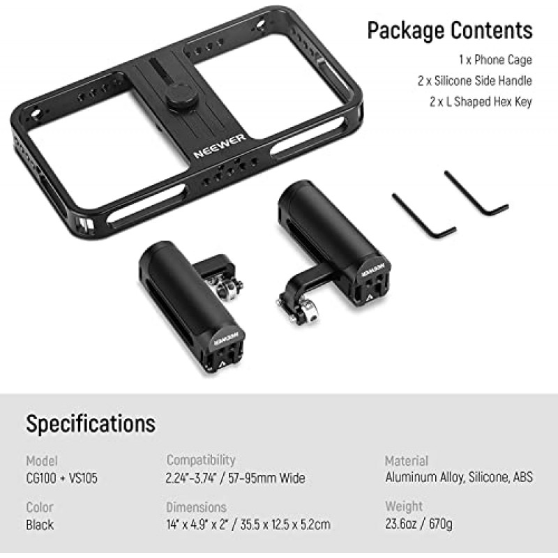 NEEWER 휴대폰 안정기 비디오 조작 키트, 실리콘 손잡이 및 조절 가능한 휴대폰 클립이 있는 알루미늄 휴대용 휴대폰 케이지 iPhone 14 Plus 14 Pro Max 13 Pro Max Samsung과 호환(블로깅 라이브 스트리밍용)