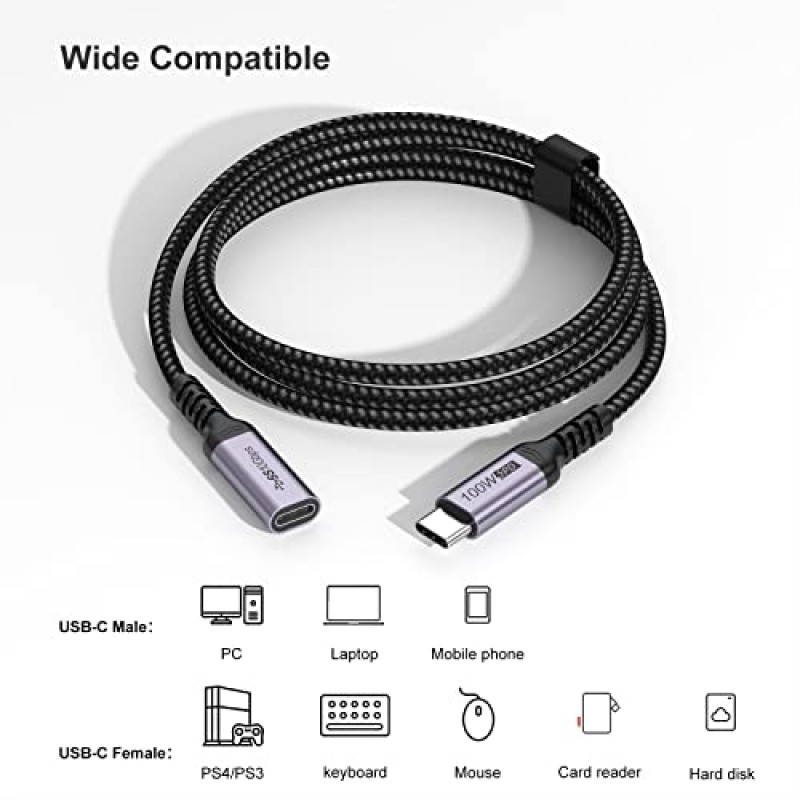 DteeDck USB C 연장 케이블 3피트 10팩, 유형 C 연장 코드 남성-여성 USB3.1 Gen2 100W 고속 충전 노트북, 태블릿 및 휴대폰과 10Gbps 전송 호환성 - 회색