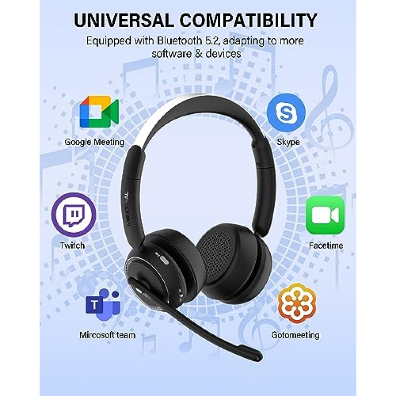 MONODEAL Bluetooth 헤드셋 V5.2, 마이크가 있는 무선 헤드셋 AI 소음 제거 및 음소거 버튼, 싱글/듀얼 이어 무선 헤드폰, 업무용 홈 오피스용 마이크가 있는 컴퓨터 헤드셋