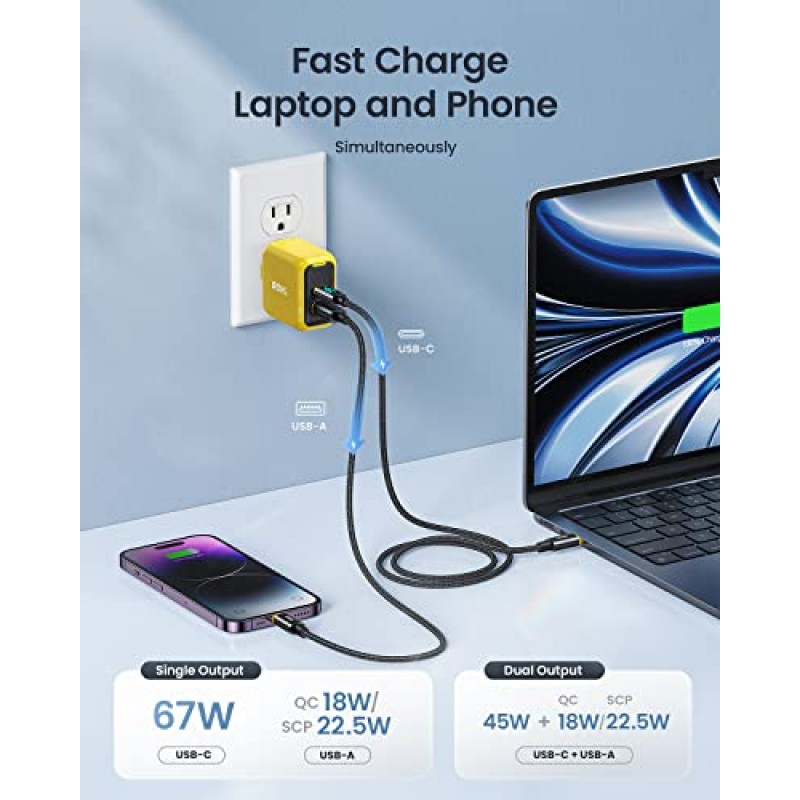 USB C 충전기, MacBook Pro/Air,iPad Pro,Galaxy S22/S21, iPhone 15 Pro Max/14 Plus/13/12(황색)용 4피트 USB C-USB C LED 디스플레이 케이블이 포함된 AOHI 67W GaN+ PD 고속 충전기 블록