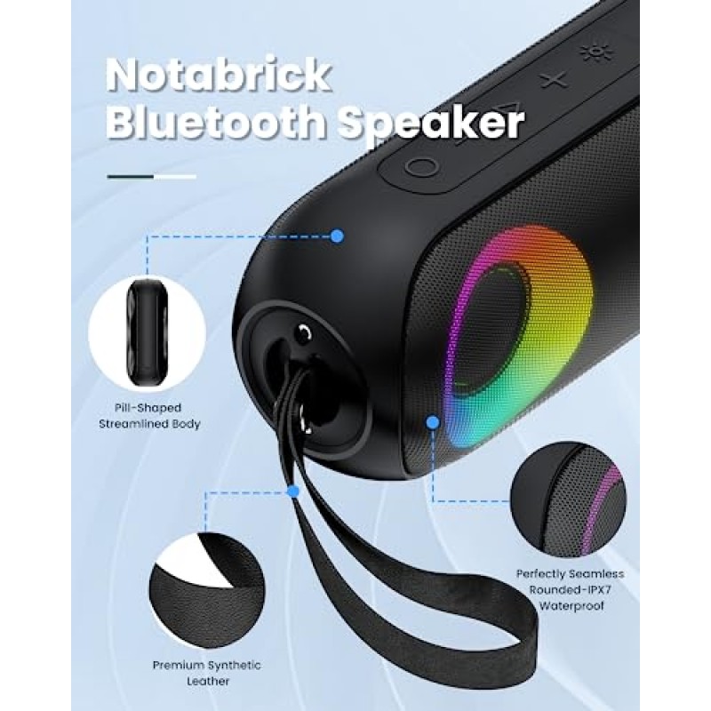 NOTABRICK Bluetooth 스피커, 30W 시끄러운 스테레오 사운드를 갖춘 휴대용 스피커 무선(100FT 범위), IPX7 방수 샤워 스피커, RGB 멀티 컬러 리듬 조명, 실내 및 실외 재생 시간 1000분