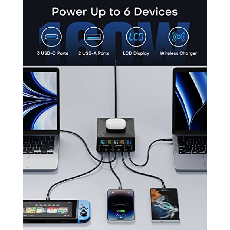 USB 충전 스테이션, ASOMETECH 160W 5포트 USB C 충전 스테이션(65W PD USB-C 포트, QC3.0 포트, 무선 충전기, MacBook, 노트북, iPad, iPhone, Samsung용 LCD 디스플레이 멀티 포트 고속 USB 충전 허브 포함)