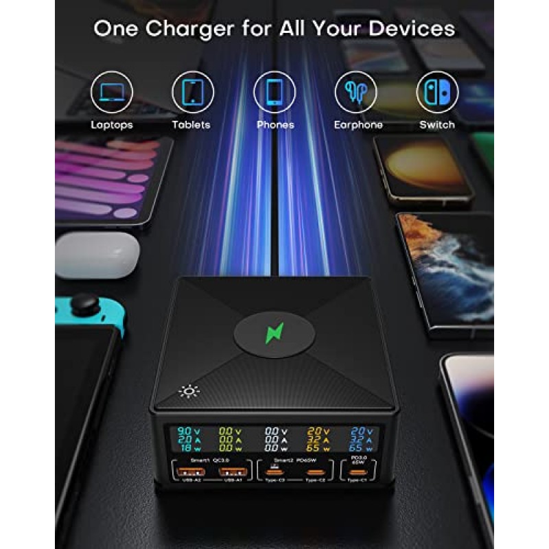 USB 충전 스테이션, ASOMETECH 160W 5포트 USB C 충전 스테이션(65W PD USB-C 포트, QC3.0 포트, 무선 충전기, MacBook, 노트북, iPad, iPhone, Samsung용 LCD 디스플레이 멀티 포트 고속 USB 충전 허브 포함)