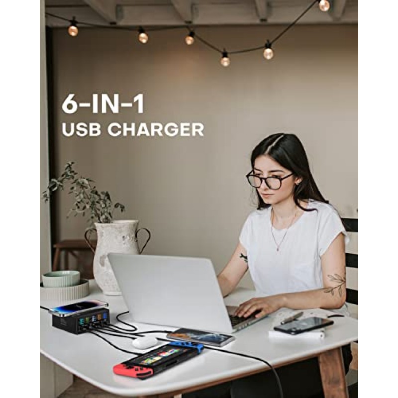 USB 충전 스테이션, ASOMETECH 160W 5포트 USB C 충전 스테이션(65W PD USB-C 포트, QC3.0 포트, 무선 충전기, MacBook, 노트북, iPad, iPhone, Samsung용 LCD 디스플레이 멀티 포트 고속 USB 충전 허브 포함)