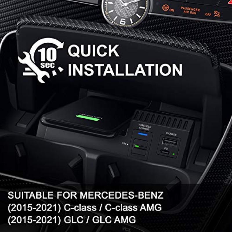 (2015-2022) C-Class/C-classAMG GLC/GLC AMG Qi 15W MAX, 2포트 유형(Dock C63)용 메르세데스 벤츠 액세서리와 호환되는 SIGHILL 무선 차량용 충전기