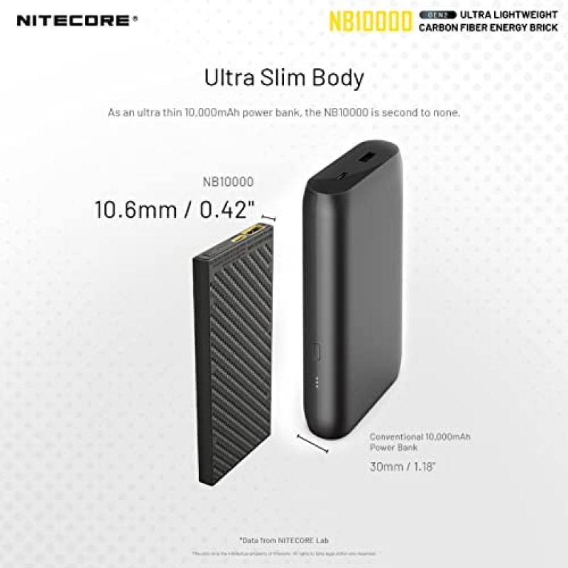 Nitecore NB10000 Gen II(Gen 2) 초슬림 보조 배터리, 실버, 10000mAh QC 급속 충전 USB 및 USB-C 듀얼 출력(휴대폰 손전등 및 헤드램프용 케이블 포함)