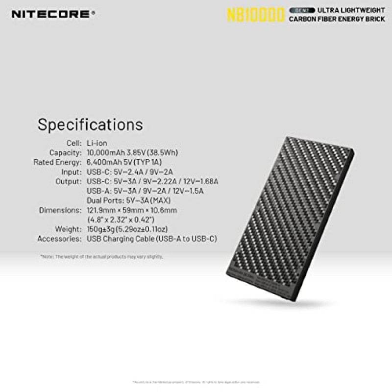 Nitecore NB10000 Gen II(Gen 2) 초슬림 보조 배터리, 실버, 10000mAh QC 급속 충전 USB 및 USB-C 듀얼 출력(휴대폰 손전등 및 헤드램프용 케이블 포함)