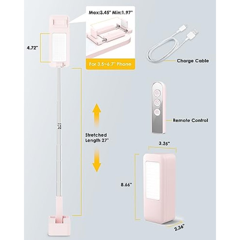 녹음용 SupeDesk 휴대폰 스탠드, LED 조명 포함, 셀카 스탠드, 휴대용 확장형 휴대폰 스탠드, 3.5-6.7인치 휴대폰용, 360° 회전, 조절 가능, 오버헤드 휴대폰 마운트, 무선 리모컨, 충전식, 라이브 스트림 P