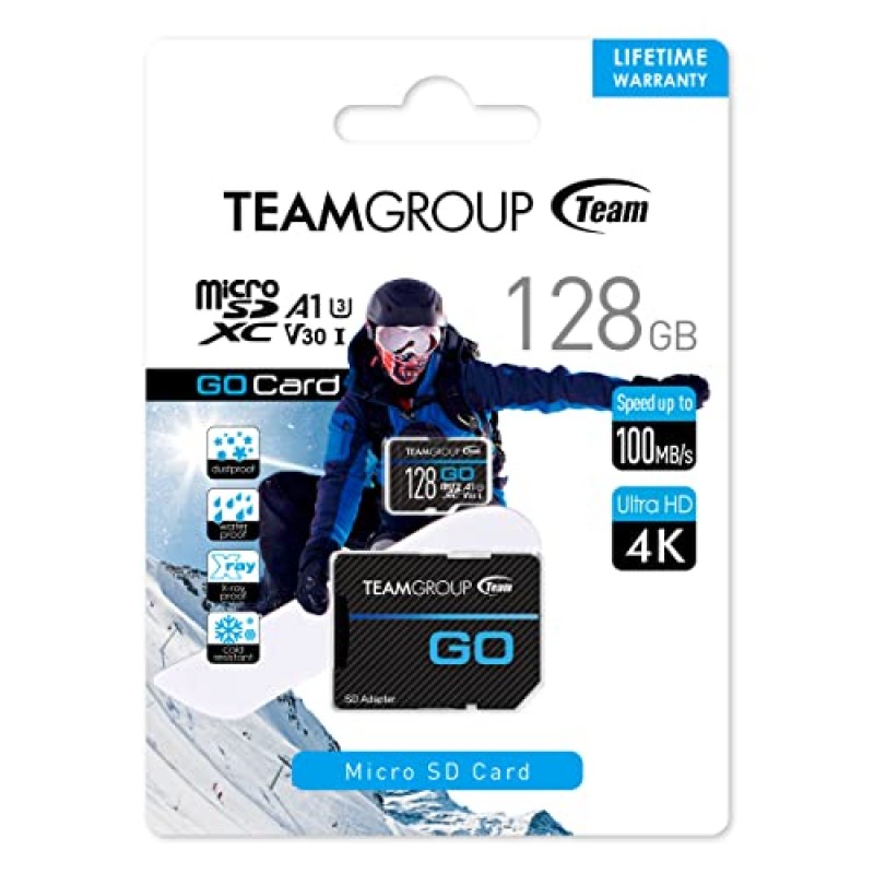 TEAMGROUP GO 카드 128GB 10 팩 GoPro 및 드론 및 액션 카메라용 마이크로 SDXC UHS-I U3 V30 4K 야외 스포츠, 4K 촬영, Nintendo-Switch TGUSDX128GU366용 어댑터가 포함된 고속 플래시 메모리 카드