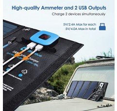 디지털 전류계가 포함된 태양광 패널 충전기, BigBlue 28W SunPower 캠핑 태양광 패널, 듀얼 USB(전체 5V/4A), IPX4 방수, iPhone 13/11/Xs/X/8/7, iPad, Samsung Galaxy, Google Pixel과 호환 가능