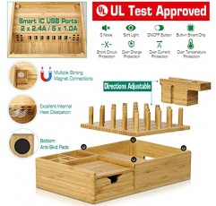 여러 장치를 위한 7 in 1 Bamboo 충전 스테이션 - 서랍이 포함된 Darfoo Wood 충전 도크 정리함, 휴대폰, 태블릿, 스마트 시계 및 이어버드와 호환되는 USB 충전 포트 7개