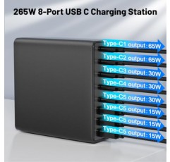 USB C 충전기, 여러 장치용 265W 8포트 USB C 충전 스테이션, USB C 고속 충전기 MacBook iPad iPhone, Samsung Android 휴대폰용 멀티포트 USB C 충전기 블록 65W 전원 어댑터