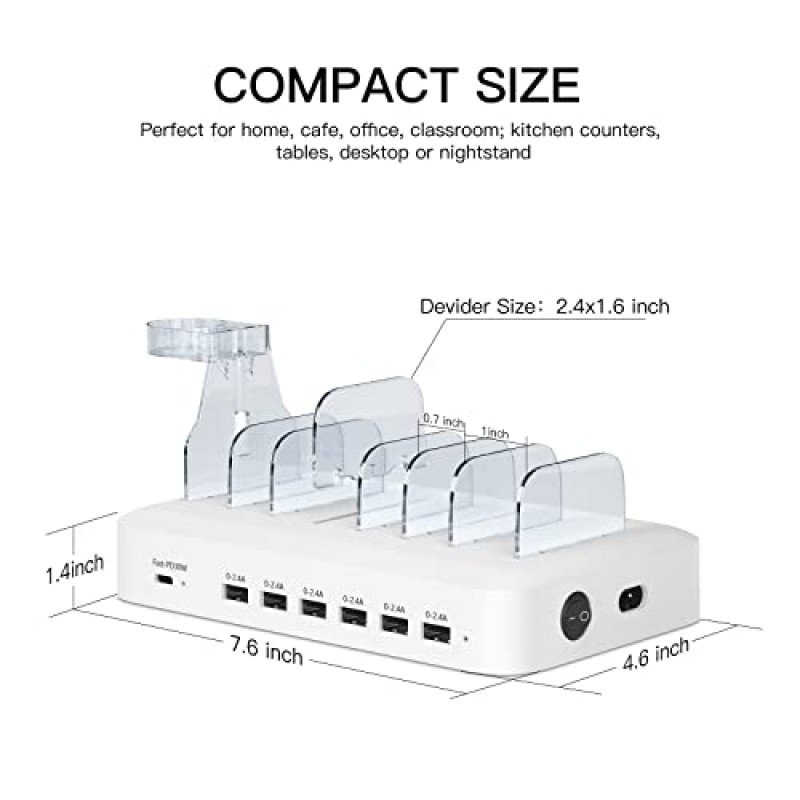 여러 장치용 충전 스테이션 Apple, 30W PD 충전기 포트가 있는 70W 7 포트 USB C 충전 스테이션, 휴대폰 및 시계 충전기 스탠드, 7개의 혼합 케이블, Apple 제품 iPhone iPad용으로 설계, 흰색