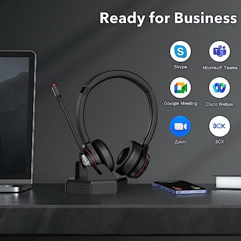 PC용 마이크가 포함된 Yexatel 무선 Bluetooth 헤드셋, 트럭 운전사 작업용 무선 휴대폰 헤드셋, 마이크 음소거 바쁨 표시등이 포함된 사무실 헤드셋, 온라인 회의에 적합, 40시간 통화 시간(Y891BTD)