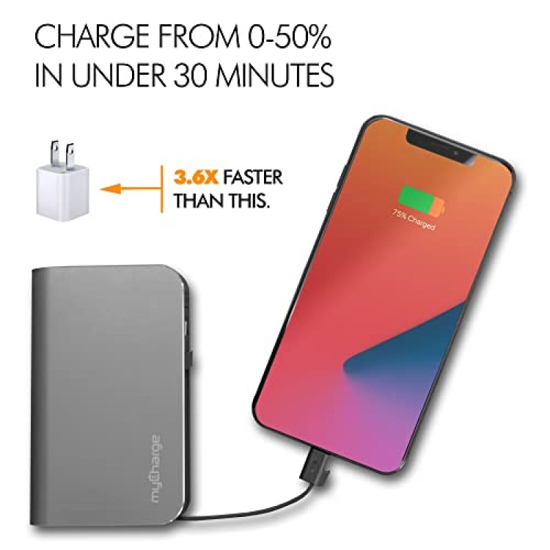 myCharge iPhone용 휴대용 충전기 - 허브 10050mAh 벽면 플러그 및 내장 케이블(라이트닝, C형) 18W 터보 USB C 보조베터리 고속 충전 배터리 팩 외부 전화 백업, 55시간