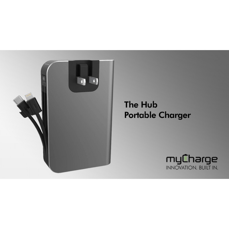 myCharge iPhone용 휴대용 충전기 - 허브 10050mAh 벽면 플러그 및 내장 케이블(라이트닝, C형) 18W 터보 USB C 보조베터리 고속 충전 배터리 팩 외부 전화 백업, 55시간