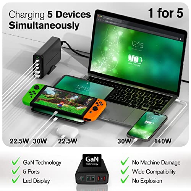 245W USB C 충전기 A2215 - USB C 충전기 블록 - 데스크탑 5포트 GaN 충전기 USB-C 3개 USB-A 2개 - 전원 공급 USB 허브 - 여러 장치 지원 휴대폰 노트북용 PD3.1/PPS/QC4+/QC3.0