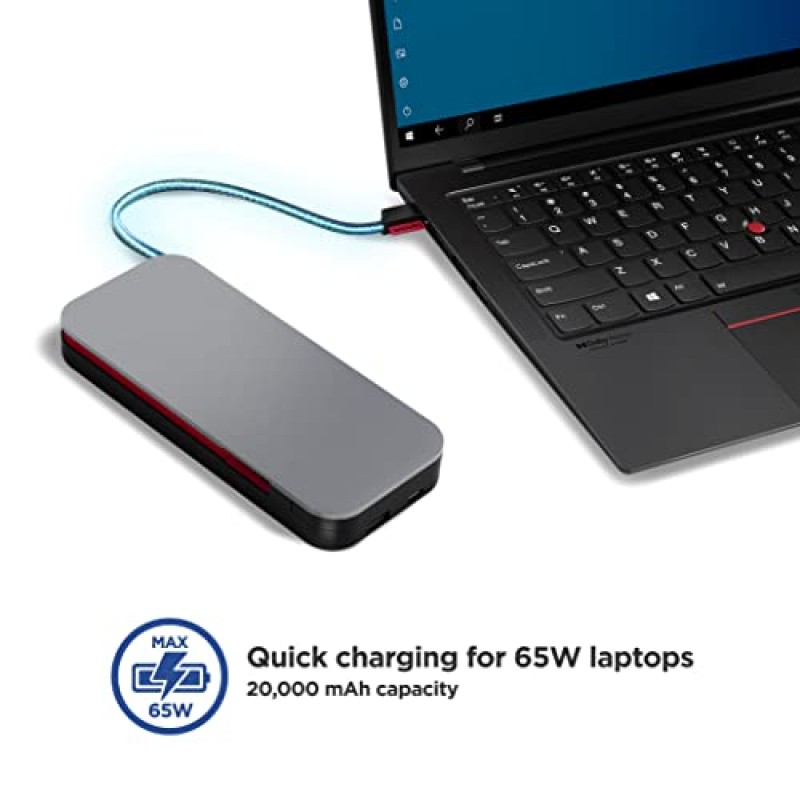 Lenovo Go USB-C 노트북 파워 뱅크(20000mAh) - 65W - USB-C 및 USB-A 포트 - 통합 케이블이 포함된 고속 충전 휴대용 파워 스테이션 - 모델 PBLG2W - 스톰 그레이