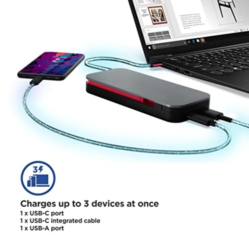 Lenovo Go USB-C 노트북 파워 뱅크(20000mAh) - 65W - USB-C 및 USB-A 포트 - 통합 케이블이 포함된 고속 충전 휴대용 파워 스테이션 - 모델 PBLG2W - 스톰 그레이