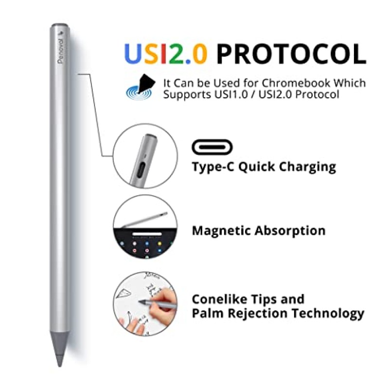 Chromebook용 Penoval USI2.0 스타일러스 펜, Lenovo Chromebook Duet, ASUS Chromebook C436, HP Chromebook X360 12b, HP Chromebook X360 14b Google Pixel Tablet, USI2.0용 4096 레벨 압력