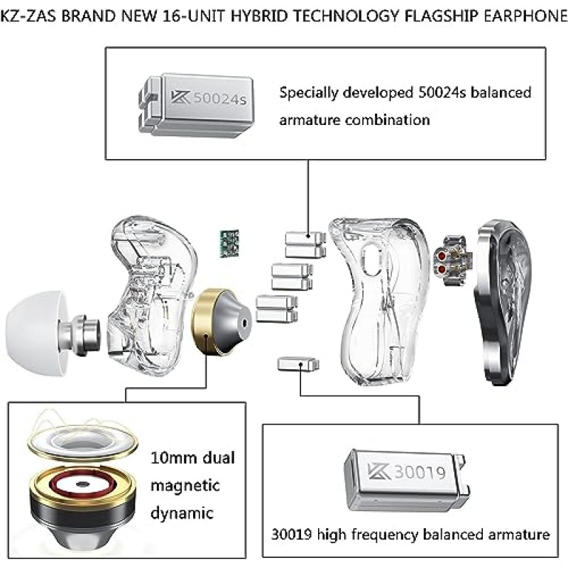 CCA KZ ZAS 이어폰 모니터 헤드폰 16개 유닛 7BA 1DD 하이브리드 드라이버 HiFi IEM 이어폰 음악가 가수를 위한 높은 선명도 유선 이어버드 오디오파일 Dj 드러머