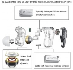 CCA KZ ZAS 이어폰 모니터 헤드폰 16개 유닛 7BA 1DD 하이브리드 드라이버 HiFi IEM 이어폰 음악가 가수를 위한 높은 선명도 유선 이어버드 오디오파일 Dj 드러머