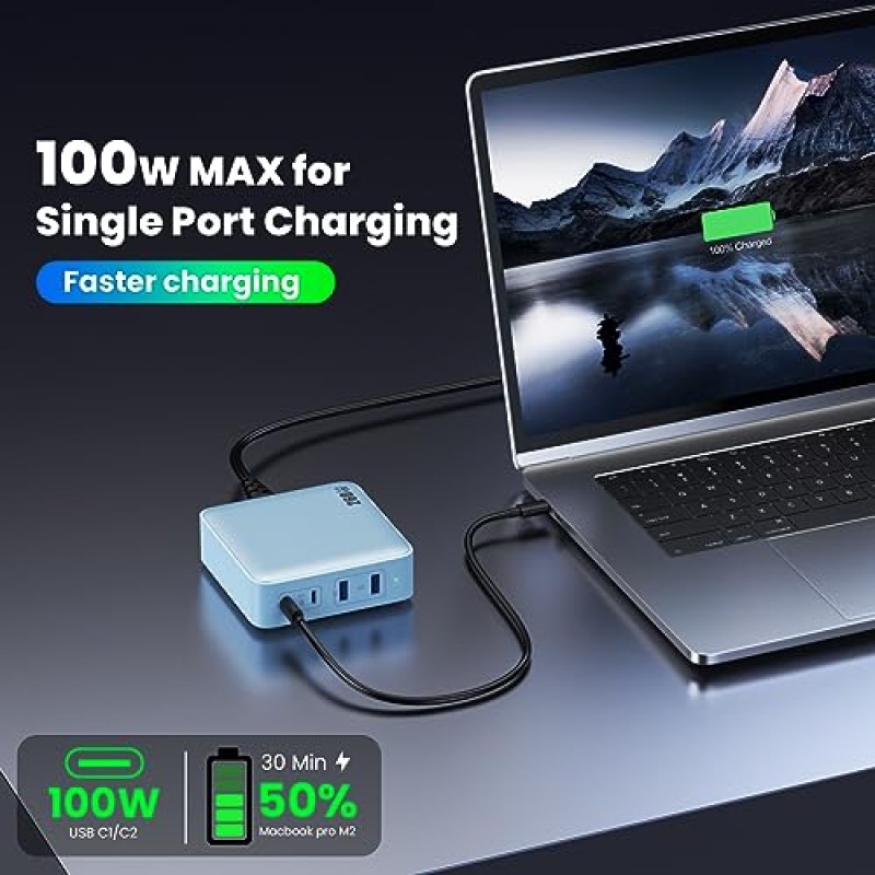 USB C 충전기 260W, 4포트 고속 충전 GaN PD USB C 충전 스테이션, MacBook Pro/Air,iPad Pro,Dell XPS,iPhone 14/13,Samsung S23과 호환되는 100W USB C 노트북 충전기 모든 USB C 장치 등-블루