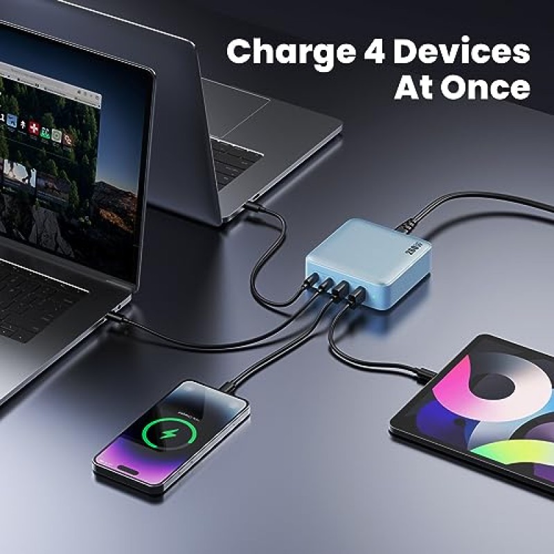 USB C 충전기 260W, 4포트 고속 충전 GaN PD USB C 충전 스테이션, MacBook Pro/Air,iPad Pro,Dell XPS,iPhone 14/13,Samsung S23과 호환되는 100W USB C 노트북 충전기 모든 USB C 장치 등-블루