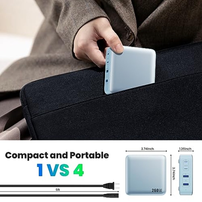 USB C 충전기 260W, 4포트 고속 충전 GaN PD USB C 충전 스테이션, MacBook Pro/Air,iPad Pro,Dell XPS,iPhone 14/13,Samsung S23과 호환되는 100W USB C 노트북 충전기 모든 USB C 장치 등-블루