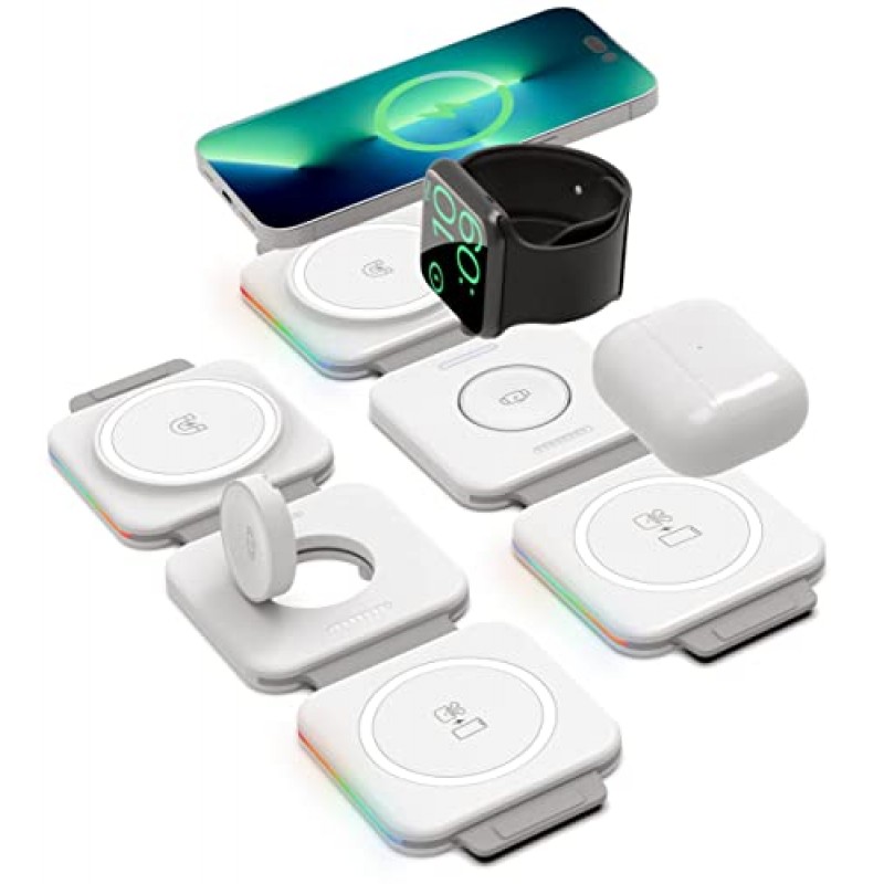 (2팩 세트) 여러 장치를 위한 여행용 3 in 1 충전 스테이션 AirPods, Apple Watch 및 iPhone용 Apple 호환 접이식 자기 충전기(MagSafe와 호환 가능)