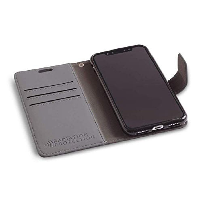 SafeSleeve EMF 보호 iPhone 케이스: iPhone 12 Pro RFID 차단 카드 홀더 지갑, 조절 가능한 스탠드 케이스, 여성용 및 남성용 비건 가죽(회색)