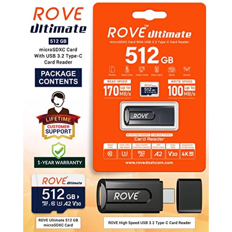 ROVE Ultimate Micro SD 카드 microSDXC 512GB 메모리 카드(USB 3.2 Type C 카드 리더 포함) 대시 캠, 안드로이드 스마트폰, 태블릿, 게임용 170MB/s C10, U3, V30, 4K, A2