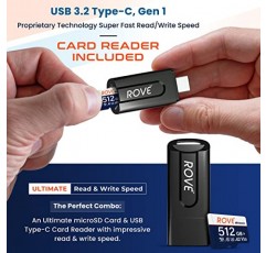 ROVE Ultimate Micro SD 카드 microSDXC 512GB 메모리 카드(USB 3.2 Type C 카드 리더 포함) 대시 캠, 안드로이드 스마트폰, 태블릿, 게임용 170MB/s C10, U3, V30, 4K, A2