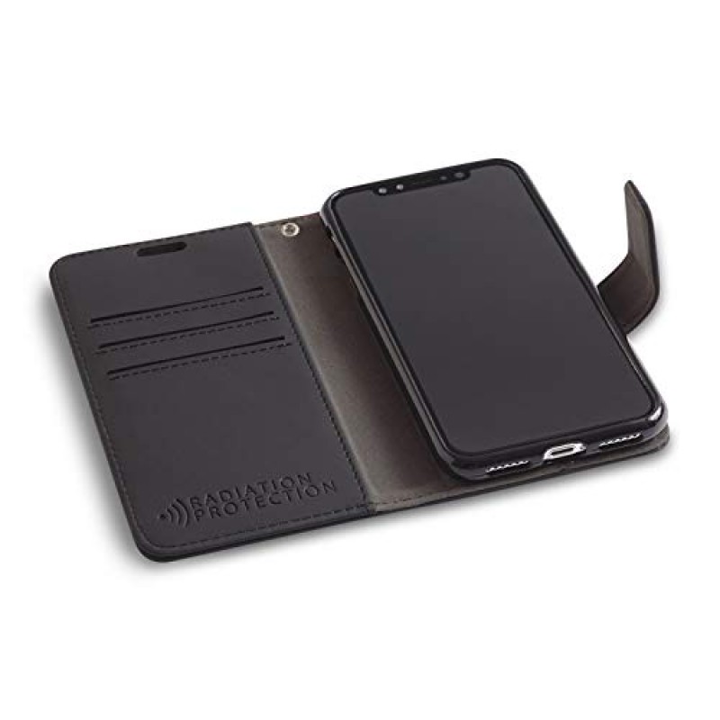 SafeSleeve EMF 보호 방사선 방지 iPhone 케이스: iPhone 12 미니 RFID 카드 홀더 차단 지갑, 조절 가능한 스탠드 휴대폰 케이스, 여성용 및 남성용 비건 가죽(블랙)