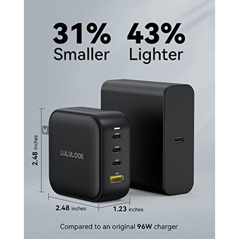 LULULOOK 100W USB C 충전기, USB-C 전원 어댑터 GaN Type C 충전기 MacBook Pro/Air, Galaxy S22/S21, Dell XPS, iPad Mini/Pro, iPhone 13/13 Pro Max/iPhone 12, Pixel과 호환되는 멀티포트 충전기