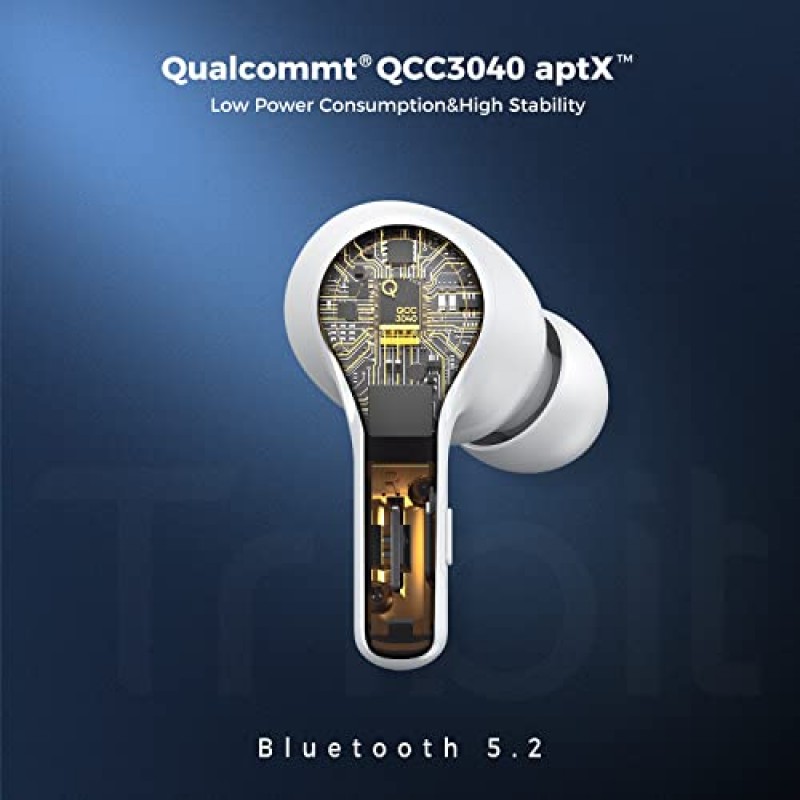 Tribit 무선 이어버드, Qualcomm QCC3040 Bluetooth 5.2, 마이크 4개 CVC 8.0 통화 소음 감소 50H 재생 시간 선명한 통화 볼륨 조절 진정한 무선 Bluetooth 이어버드 이어폰, FlyBuds C1 화이트