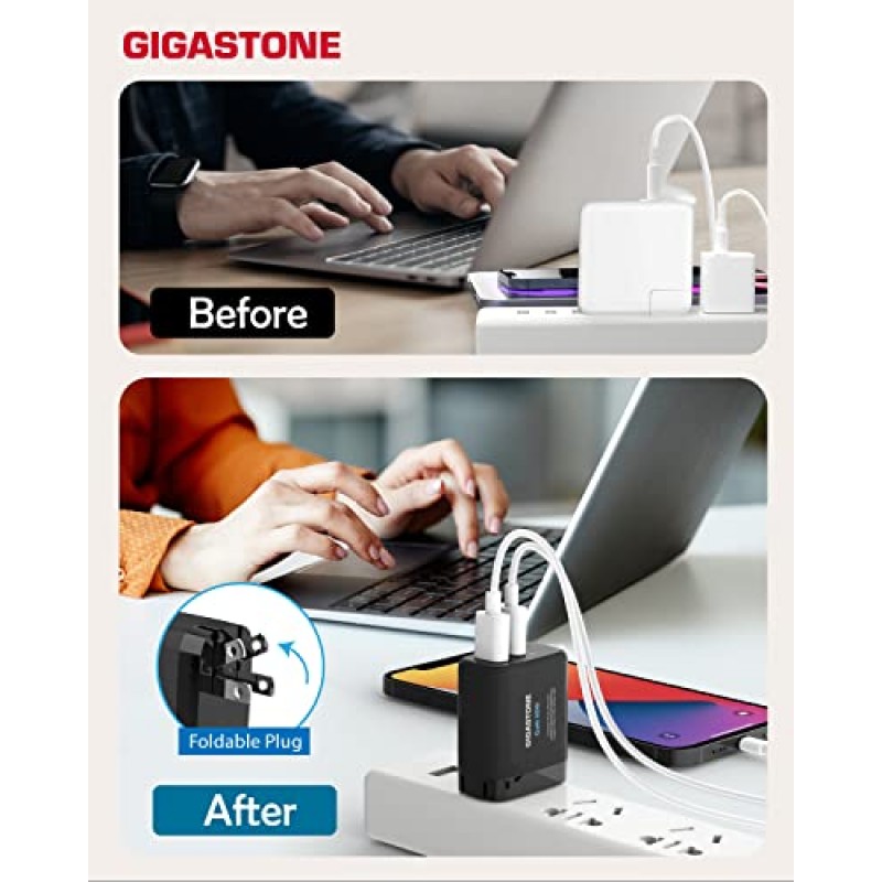 Gigastone 65W USB C 및 USB A 충전기 [3 팩] GaN Power Go PPS 듀얼 포트 지능형 전력 할당, 접이식 플러그 여행, 최고 속도 GaN 충전기 MacBook Air/Pro Dell XPS iPad iPhone 14 Galaxy S20