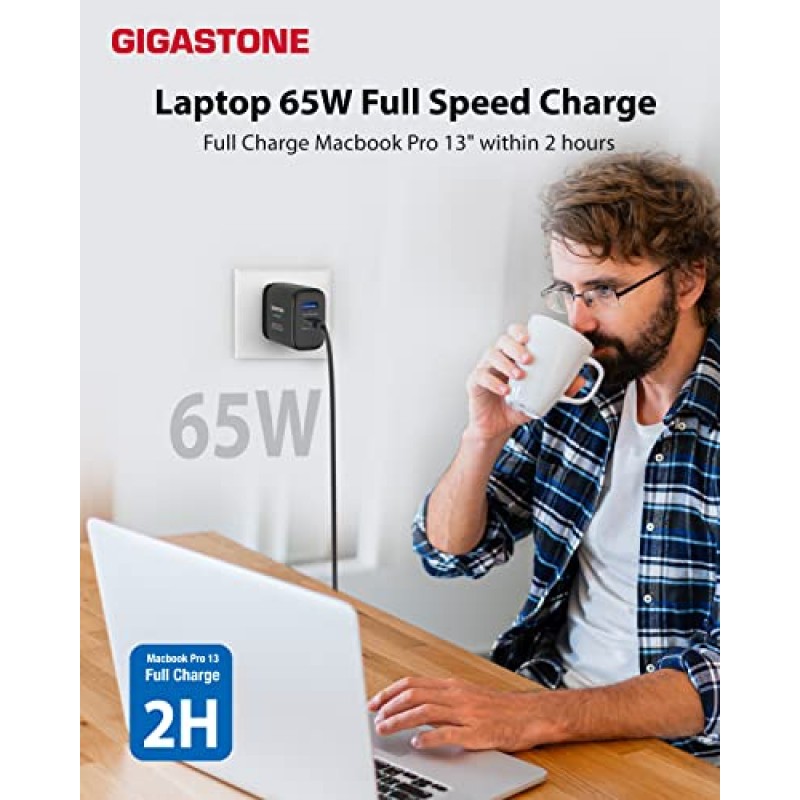 Gigastone 65W USB C 및 USB A 충전기 [3 팩] GaN Power Go PPS 듀얼 포트 지능형 전력 할당, 접이식 플러그 여행, 최고 속도 GaN 충전기 MacBook Air/Pro Dell XPS iPad iPhone 14 Galaxy S20