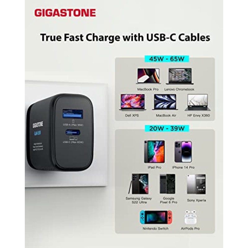 Gigastone 65W USB C 및 USB A 충전기 [3 팩] GaN Power Go PPS 듀얼 포트 지능형 전력 할당, 접이식 플러그 여행, 최고 속도 GaN 충전기 MacBook Air/Pro Dell XPS iPad iPhone 14 Galaxy S20