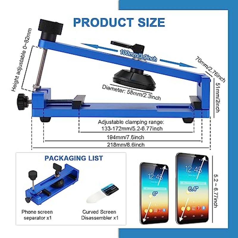 흡입 컵이 있는 전화기 화면 분리 도구 기계, LCD 전화기 화면 6인치 6.4인치 7인치(파란색)용 휴대폰 자유 가열 화면 제거 도구 키트