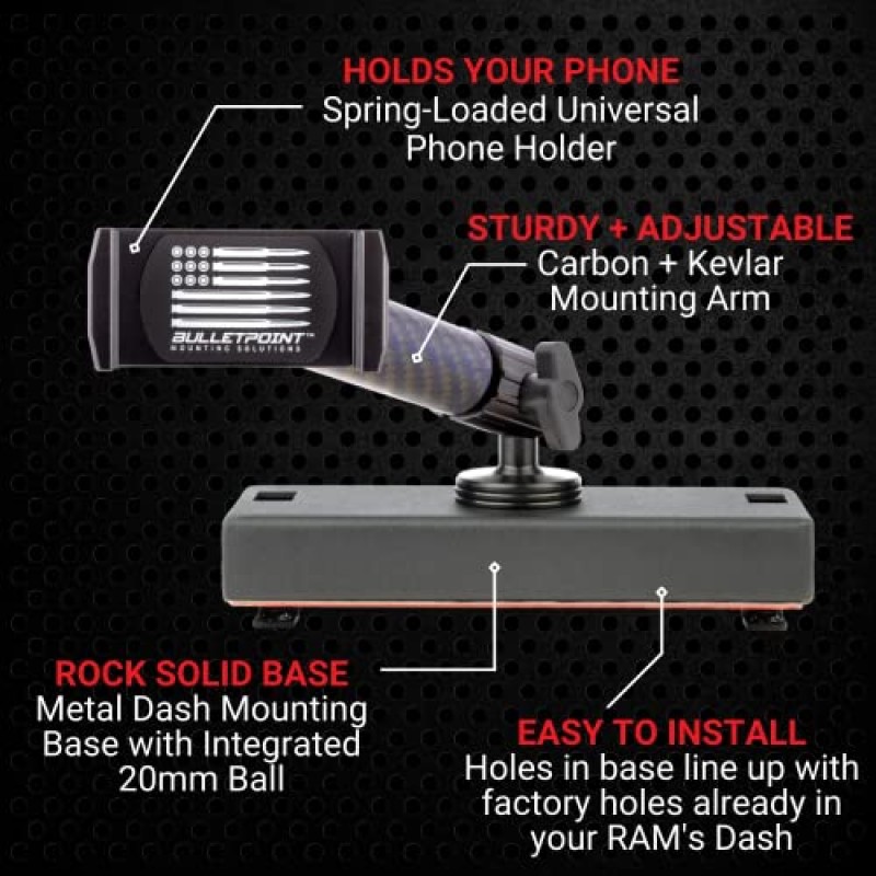 20mm 단일 볼 마운트가 있는 RAM 트럭(2019+ 1500, 2500, 3500 및 TRX)용 Bulletpoint Dash 휴대폰 홀더 - iPhone 및 Android 스마트폰과 호환 가능