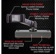 20mm 단일 볼 마운트가 있는 RAM 트럭(2019+ 1500, 2500, 3500 및 TRX)용 Bulletpoint Dash 휴대폰 홀더 - iPhone 및 Android 스마트폰과 호환 가능