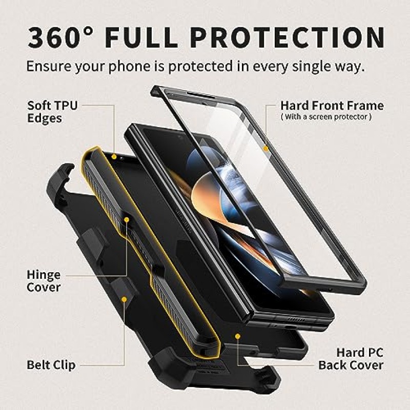 링 스탠드가 포함된 Z Fold 5 케이스용 TONGATE, Z Fold5 S 펜 홀더 내장, Samsung Galaxy Z Fold 5 2023용 화면 보호기 및 슬라이드 카메라 커버 및 벨트 클립이 포함된 충격 방지 견고한 휴대폰 케이스, 블랙