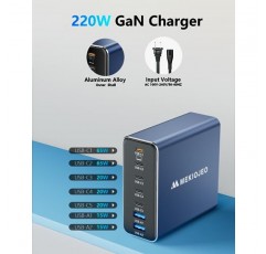 알루미늄 합금 USB C 충전기 220W GaN 충전기 MacBook Pro/Air/iPad Pro/iPhone Blue용 고속 USB C 충전 스테이션 7 포트 65W 노트북 충전기