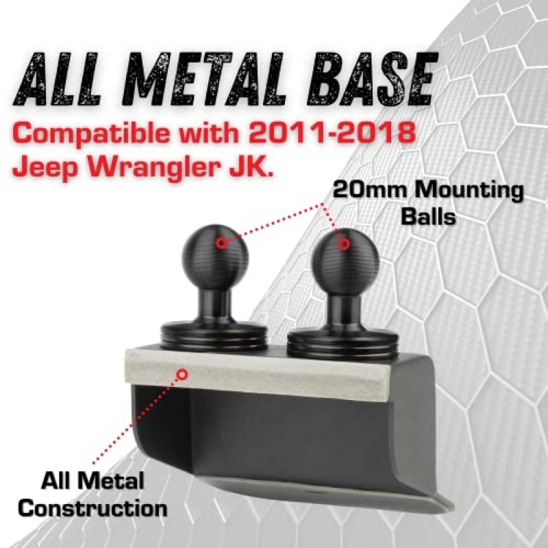 Bulletpoint 대시 마운트 휴대폰 홀더 2011-2018 Jeep Wrangler JK JKU 20mm 볼 마운트(전화 홀더가 포함된 듀얼 볼 금속 베이스 + 액션 카메라 마운트)와 호환 가능