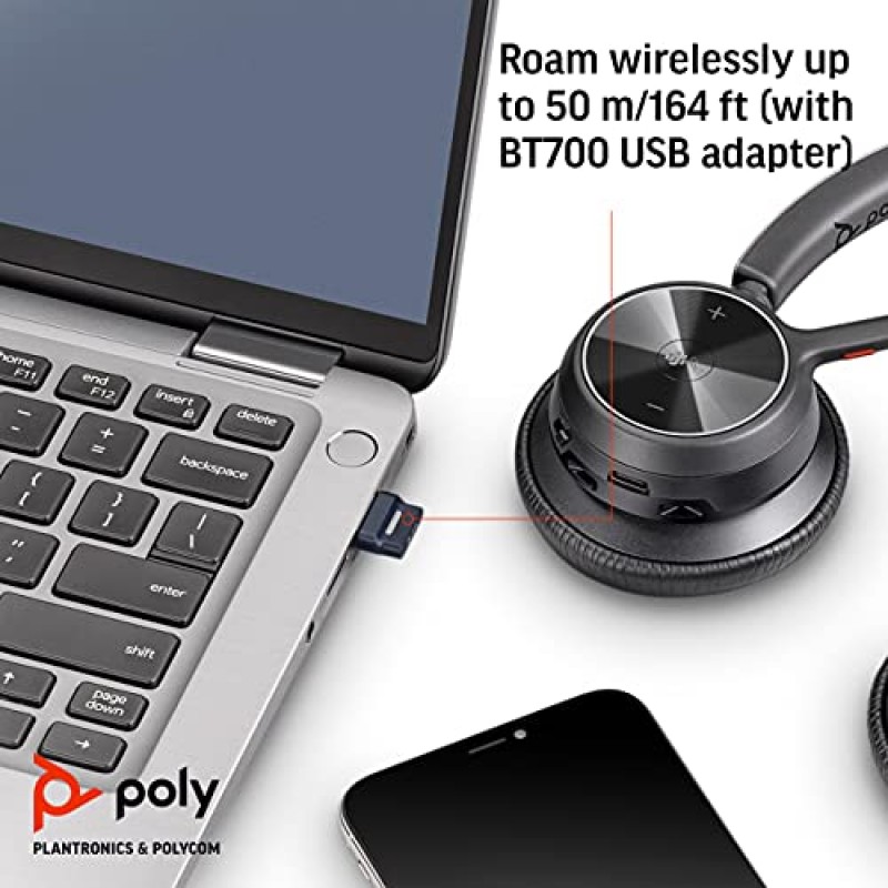 Poly - Voyager 4320 UC 무선 헤드셋 + 충전 스탠드(Plantronics) - 헤드폰(마이크 포함) - USB-C Bluetooth 어댑터를 통해 PC/Mac에 연결, Bluetooth를 통한 휴대폰 연결(Teams(인증) 포함), Zoom&More