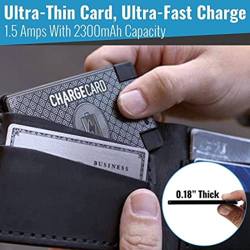 AquaVault ChargeCard 휴대용 전화 충전기 및 보조 배터리 - 고속 충전 및 소형 - 교환 가능 케이블(라이트닝, USB-C, 마이크로 USB) - 신용 카드 크기 배터리 팩(플래티넘)